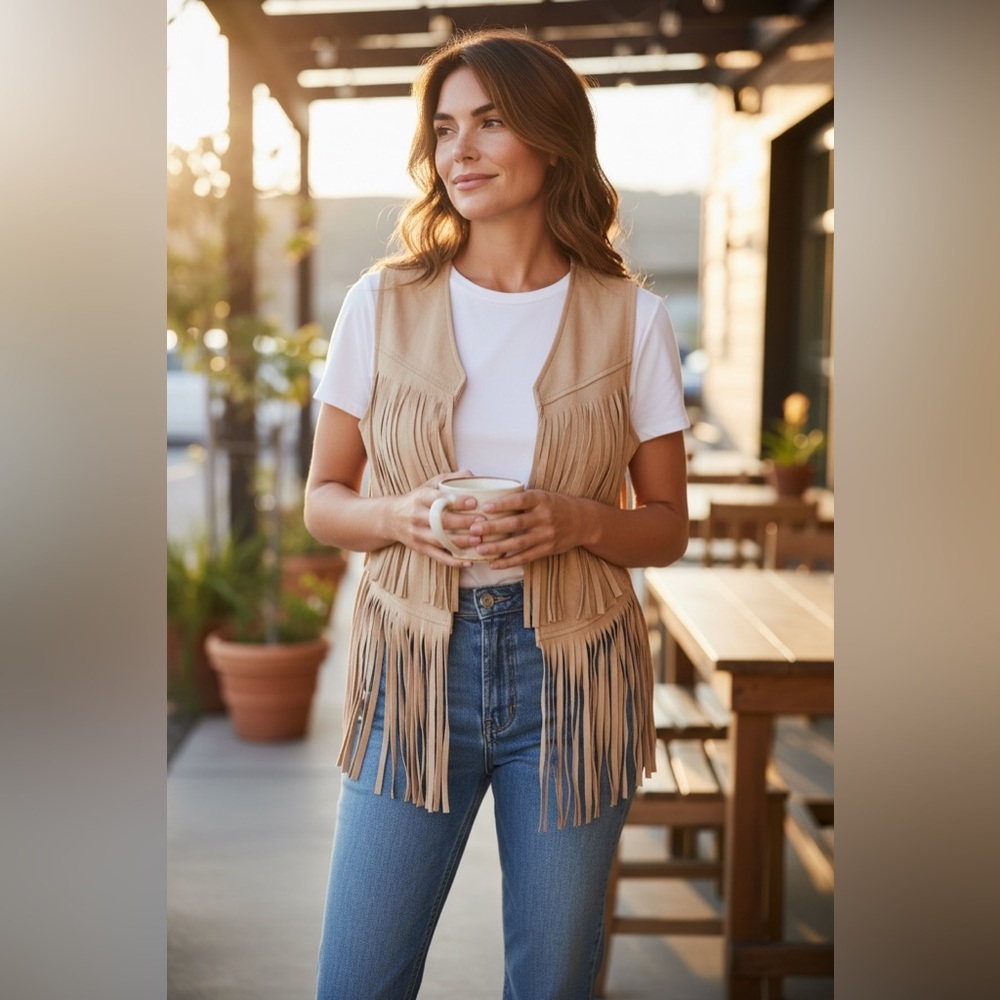 Atamet  Vintage Style Women’s Western Fringe Vest Green Faux Suede Small NWOT